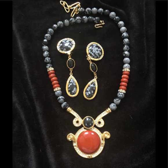 Amazing jasper, carnelian, and rhinestone set. - Picture 1 of 5